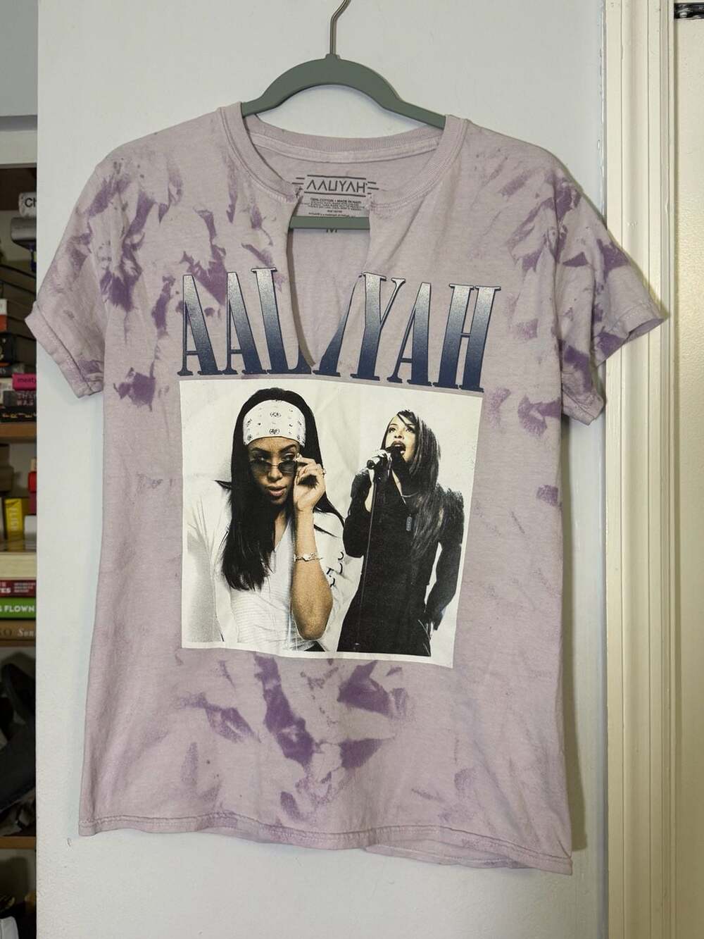 Aaliyah Purple Tie-Dye Graphic T-Shirt Split Neck Size M